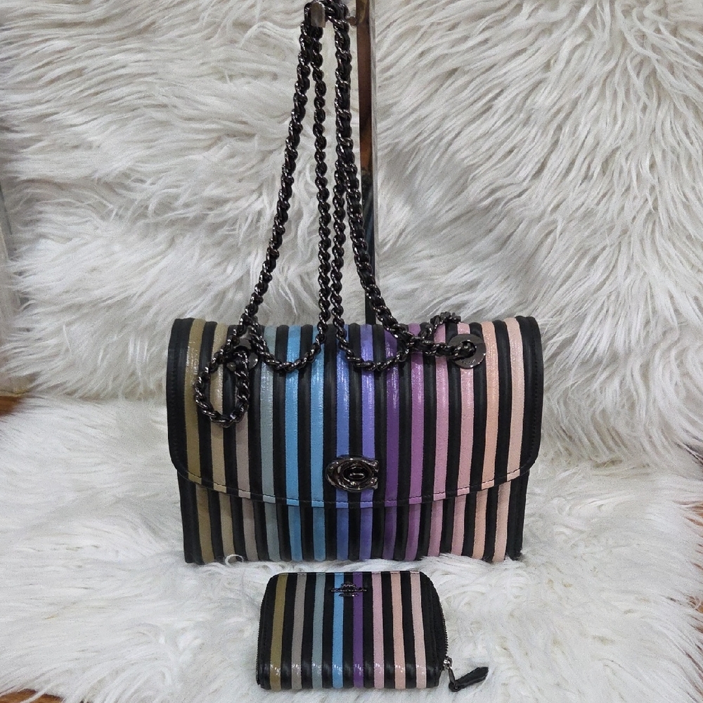 🌈🔹️COACH🔹️ Parker Ombrè Quilted Striped Multicolor Women's Bag + Wallet Set - Picture 3 of 17